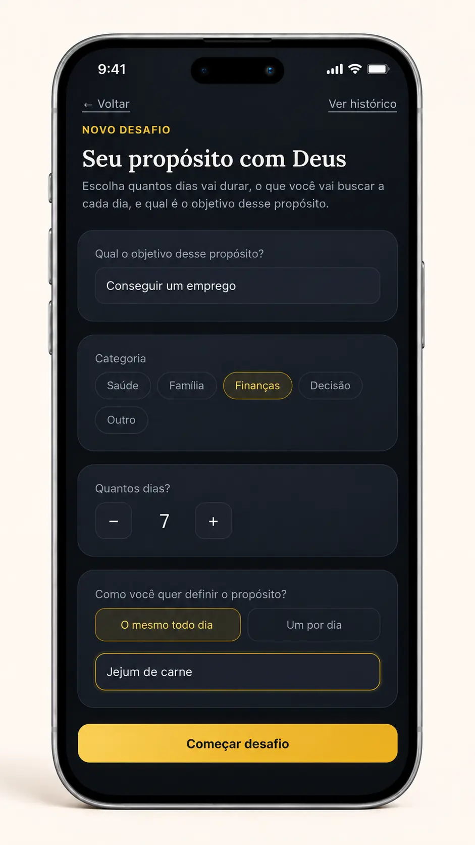 Tela de criação de propósito