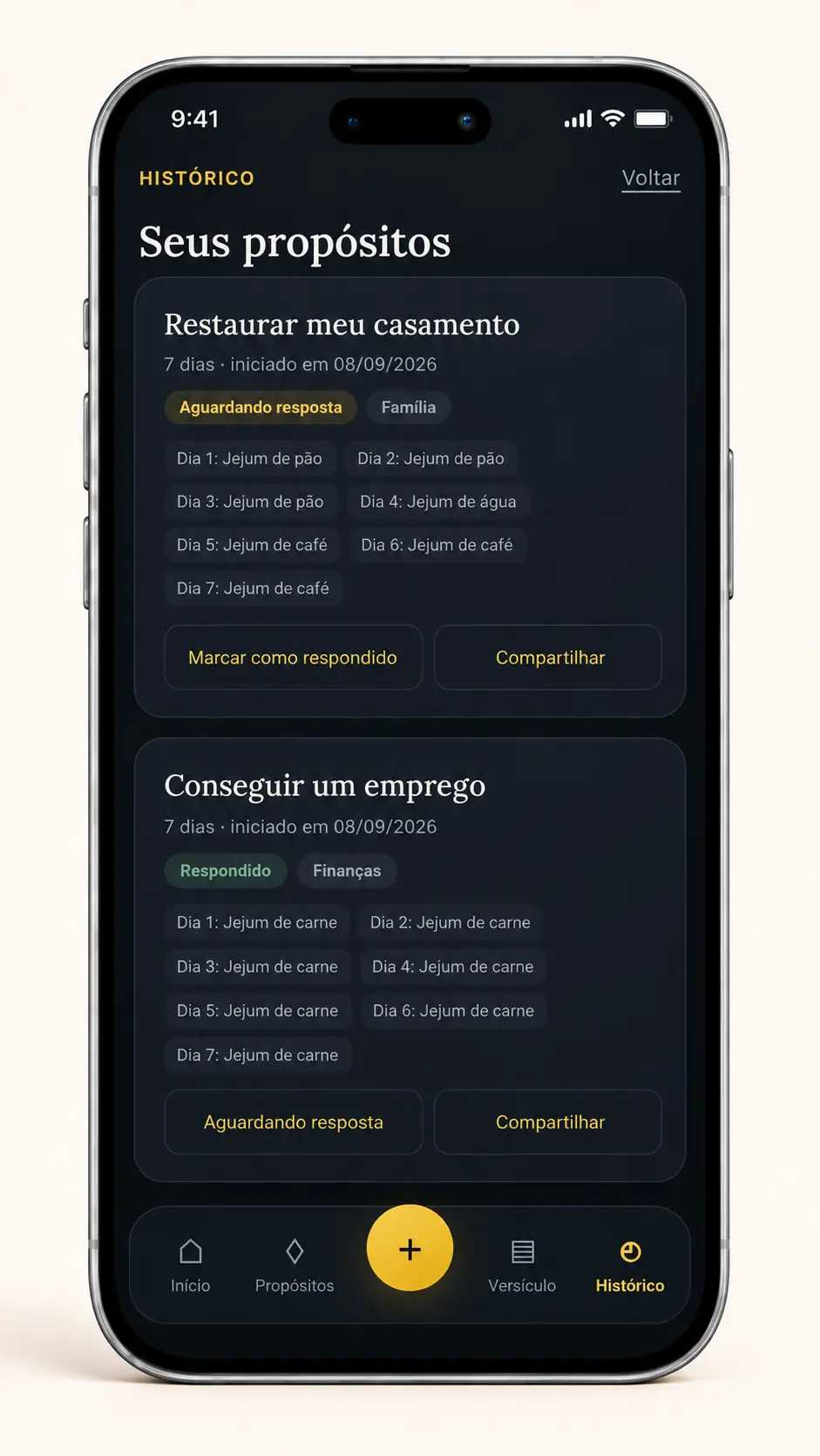 Histórico de propósitos no aplicativo